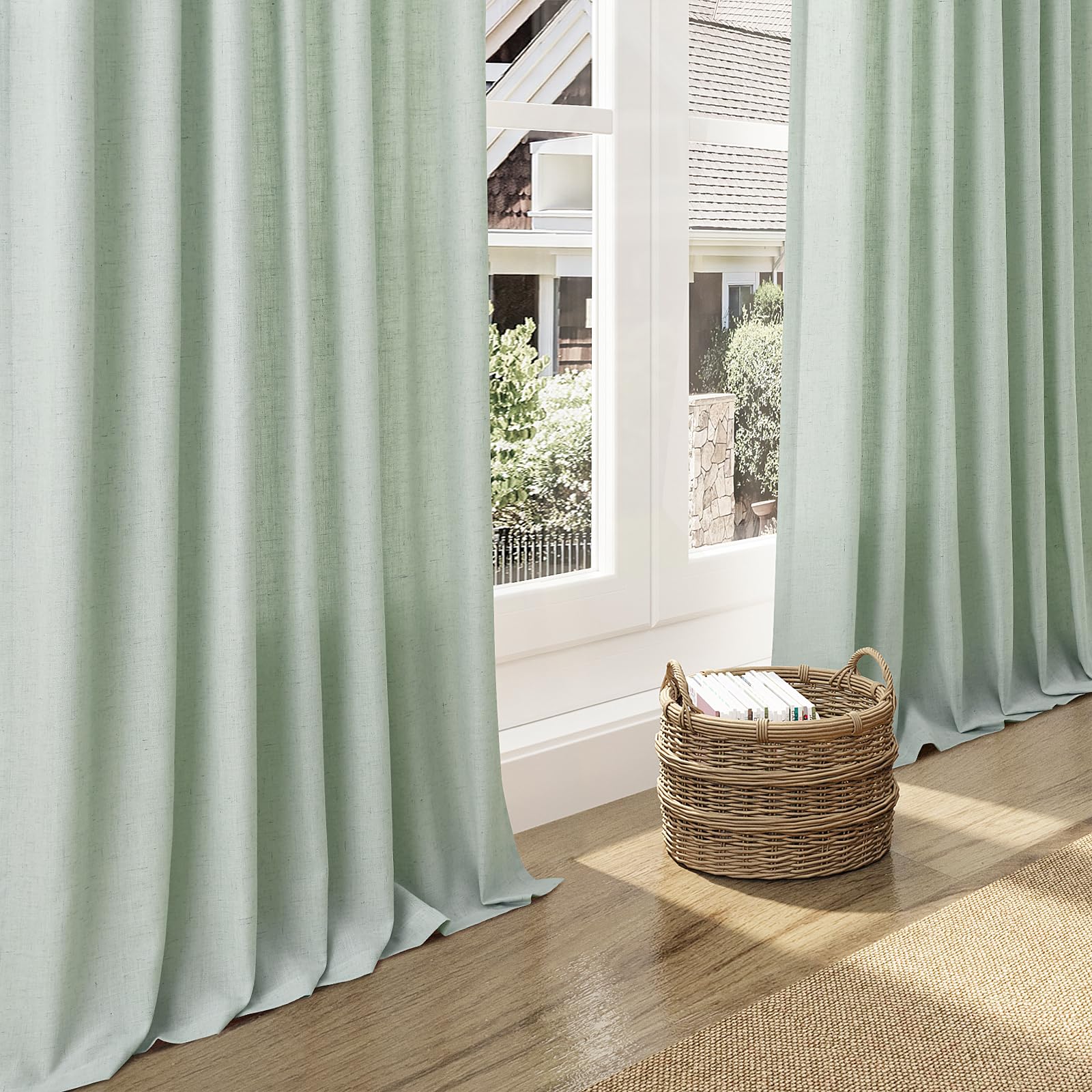 Nanspring Aqua Green Linen Curtains 108 Inches Long for Living Room Bedroom 2 Panels Set Extra Long Back Tab Curtain Light Filtering Sheer Drapes Floor to Ceiling Curtain for Large Windows 52x108