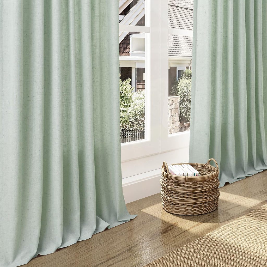 Nanspring Aqua Green Linen Curtains 108 Inches Long for Living Room Bedroom 2 Panels Set Extra Long Back Tab Curtain Light Filtering Sheer Drapes Floor to Ceiling Curtain for Large Windows 52x108