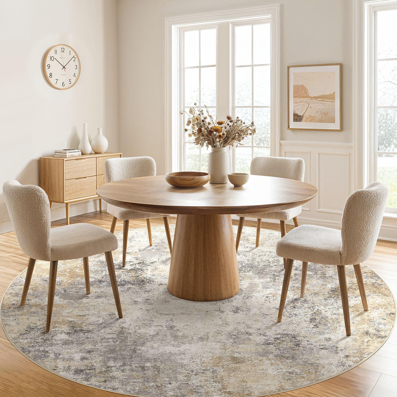 UERMEI 8ft Round Area Rug Living Room Rugs - 8x8 Washable Neutral Modern Abstract Soft Thin Rug Indoor Floor No Slip Rug Carpet for Bedroom Under Dining Table Home Office Decor - Golden Grey