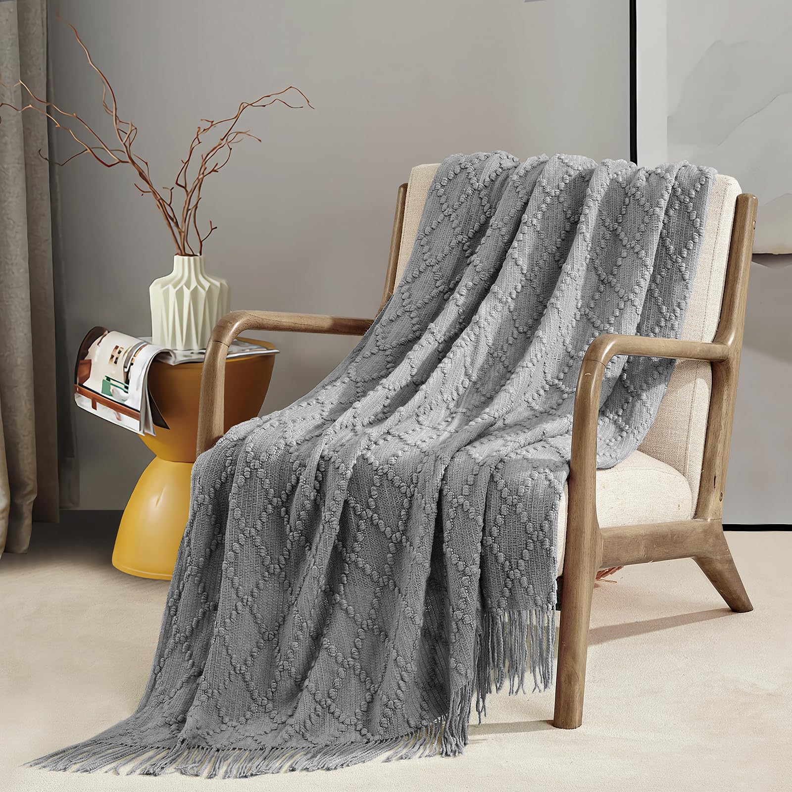 BOURINA Light Grey Throw Blanket 50 x70 Inch Jacquard Throw Knitted Blanket