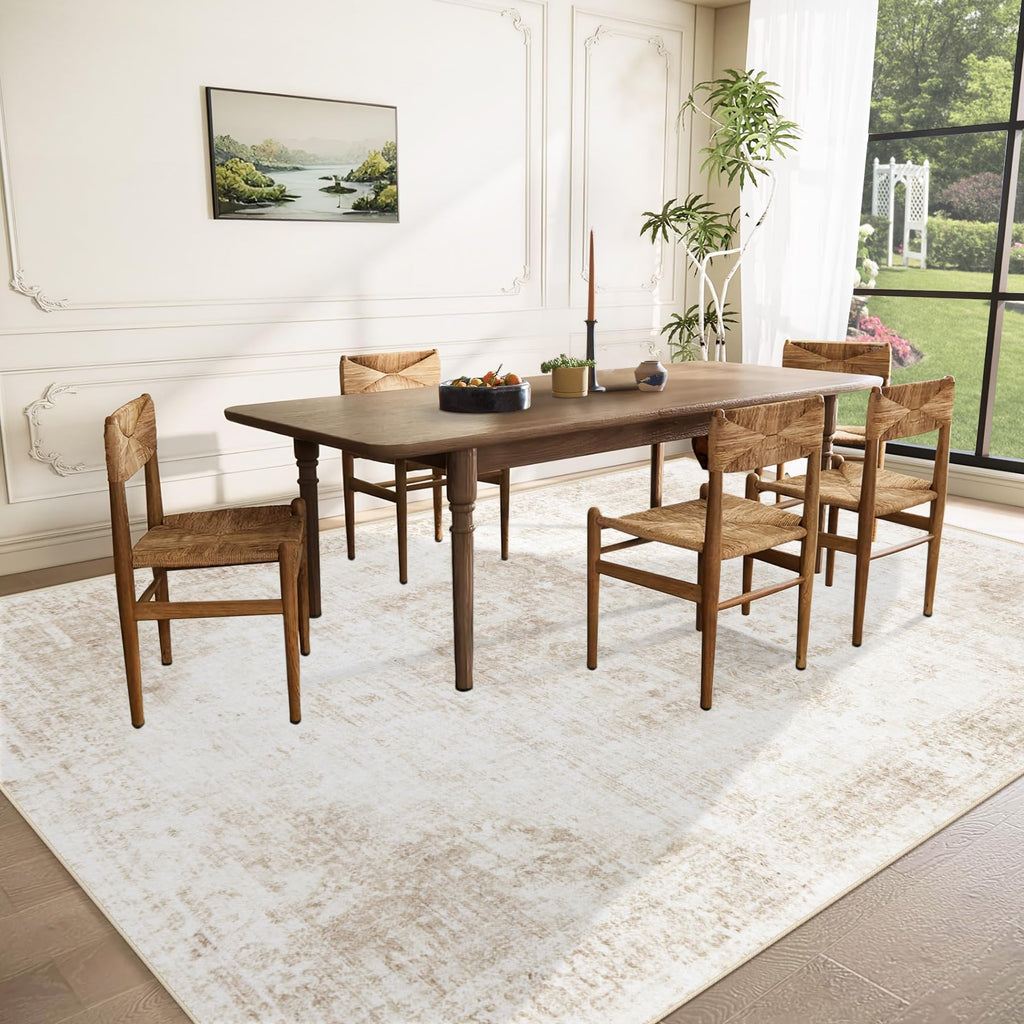 VECARF Area Rug 10x14 Washable Rug, Vintage Boho Medallion Rugs Non-Slip Soft Low Pile Large Distressed Rug Indoor Retro Carpet for Living Room Bedroom Dining Room Home Office (Beige, 10'x14')