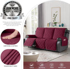 TAOCOCO 100% Waterproof Recliner Sofa Covers 3 Seater, Split Couch Covers for Reclining Couches, Non Slip Reclining Couch Covers with Double Straps for Kids Pets(3 Seater, Wine)