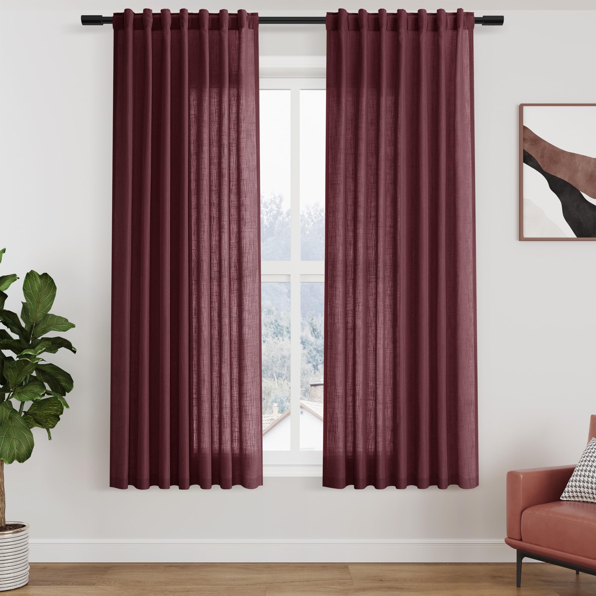 Burgundy Linen Curtains 63 Inches Long 2 Panel Sets for Living Room Bedroom Rod Pocket Back Tab Light Filtering Drape for Kitchen Window Short Protect Privacy Curtain Modern Farmhouse Decor 52x63