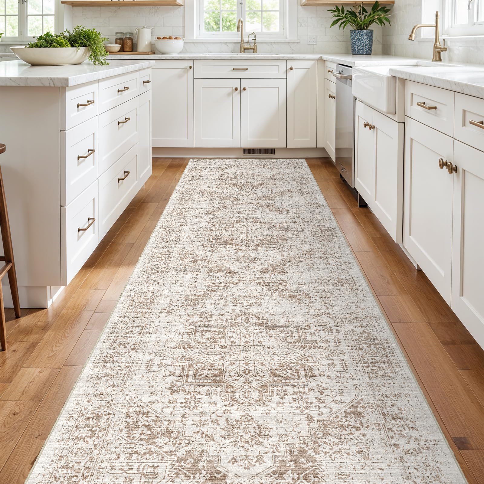 4x12 Washable Hallway Runner Rug: Vintage Wide Low Pile Rugs IvoryBeige