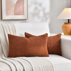 Fancy Homi 2 Packs Rust Lumbar Decorative Throw Pillow Covers 16x28 Inch for Bedroom Couch Bed, Rustic Farmhouse Boho Home Decor, Soft Striped Corduroy Rectangle Accent Terracotta Cushion Case 40x70cm