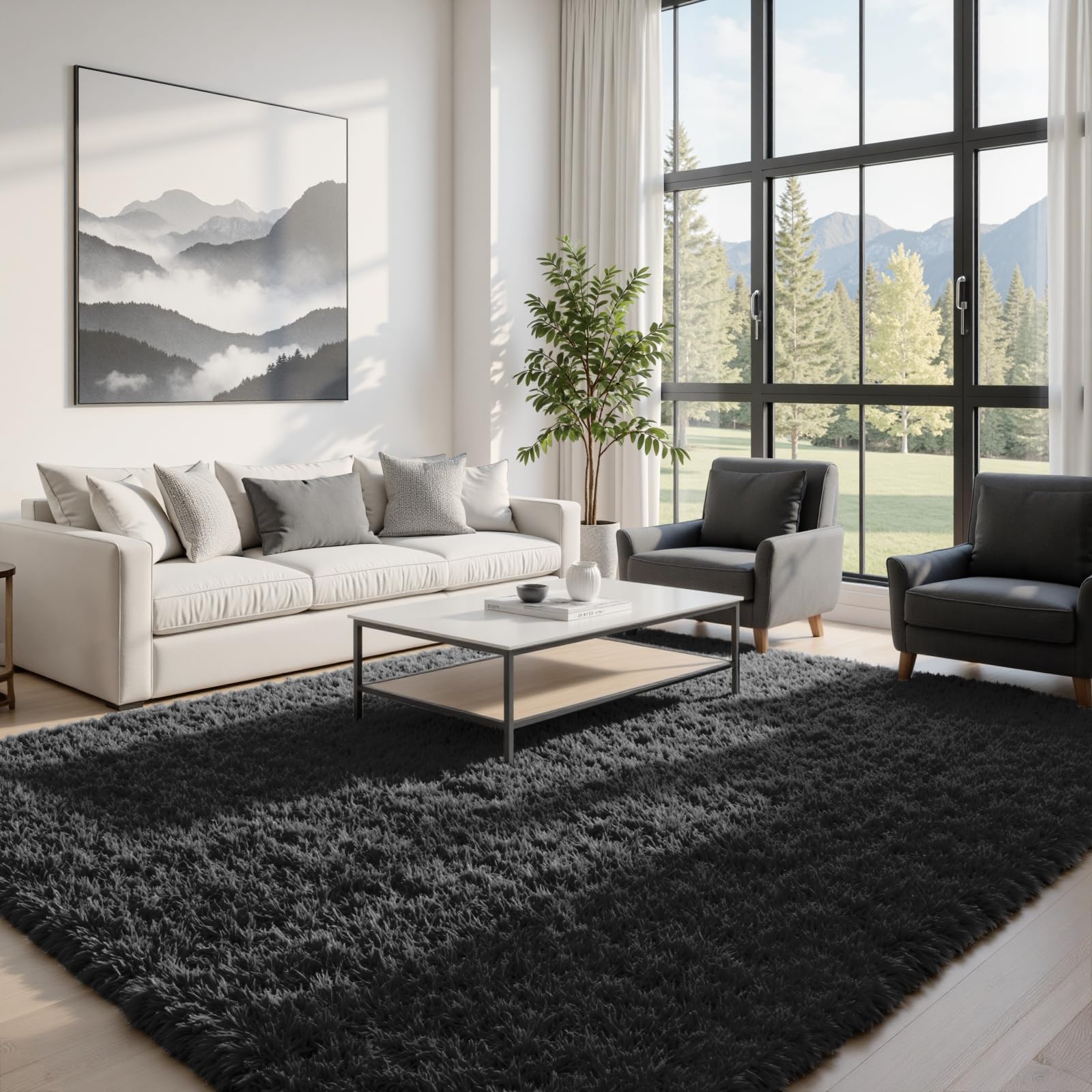 5x7 Fluffy Shag Area Rugs for Living Room Bedroom: Soft Plush Carpet Black