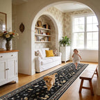 2x12 Washable Hallway Runner Rug - Soft Low Pile Floral Animal Cat Print Rugs with Non-Slip Backing Waterproof Stain-Resistant Indoor Carpet for Kitchen Entryway Bathroom Bedroom (Black)