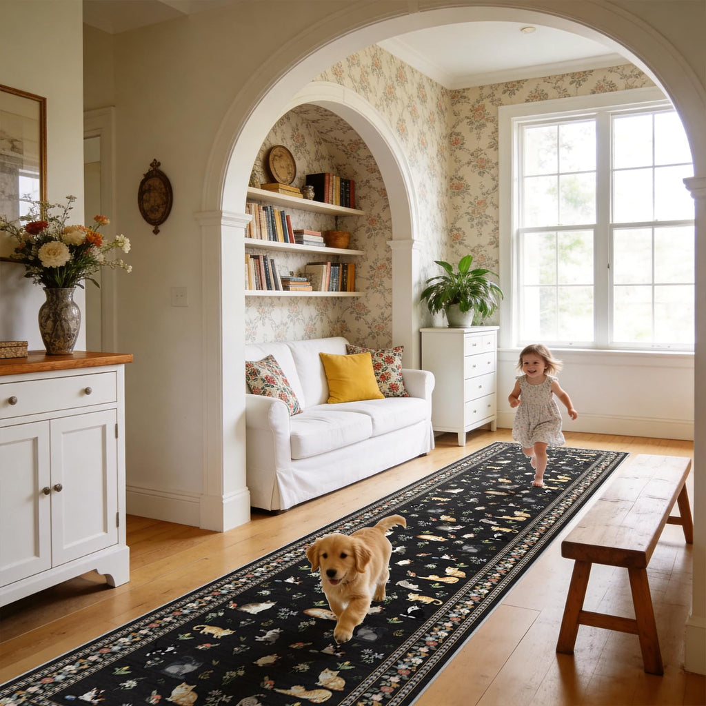 2x12 Washable Hallway Runner Rug: Long Floral Cat Print Soft Rug Black