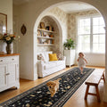 2x12 Washable Hallway Runner Rug: Long Floral Cat Print Soft Rug Black