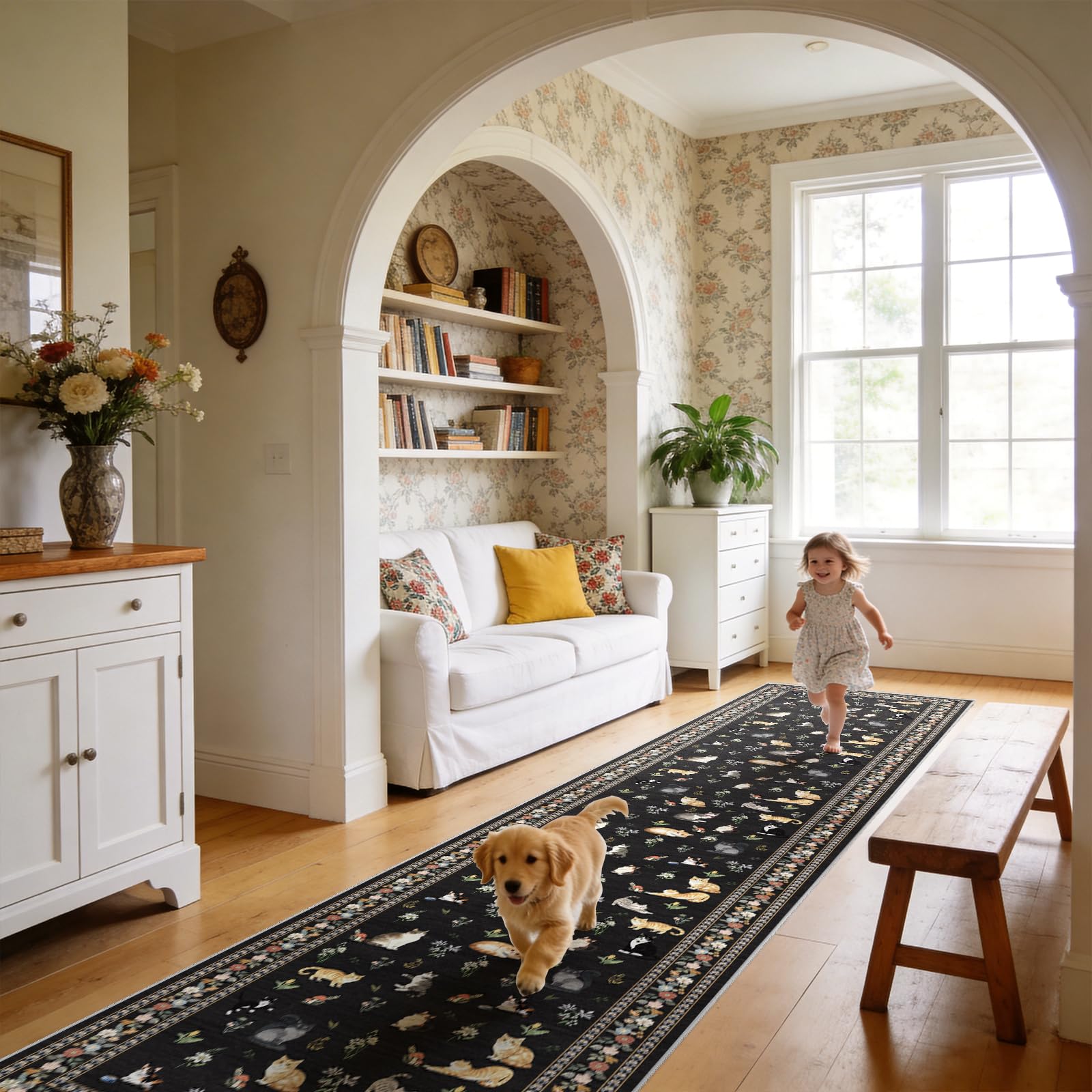 2x12 Washable Hallway Runner Rug: Long Floral Cat Print Soft Rug Black