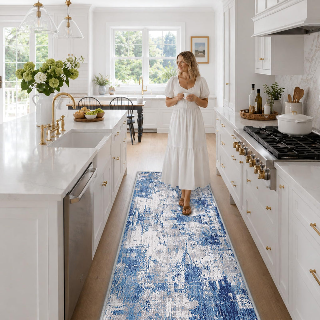 RELEANY Washable Runner 2'x6' Abstract Area Rug for Hallway Blue Gray