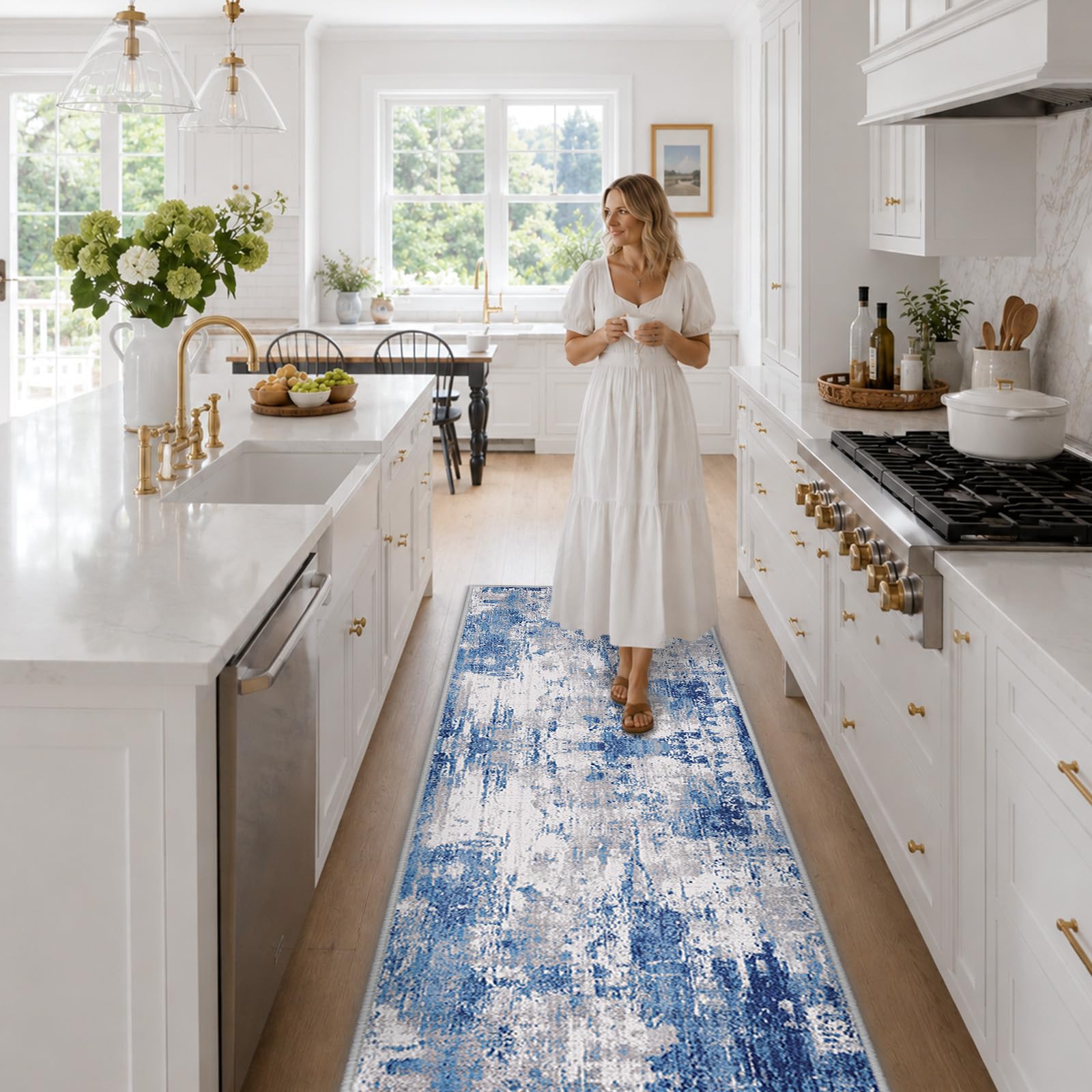 RELEANY Washable Runner 2'x6' Abstract Area Rug for Hallway Blue Gray