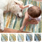 Lansny Modern Abstract 9x12 Large Machine Washable Living Room Rug Non-Slip Soft Bedroom Area Rug Green Mustard Multi Ultra Thin Print Faux Wool Carpet Throw Rugs for Playroom Dining Room Indoor