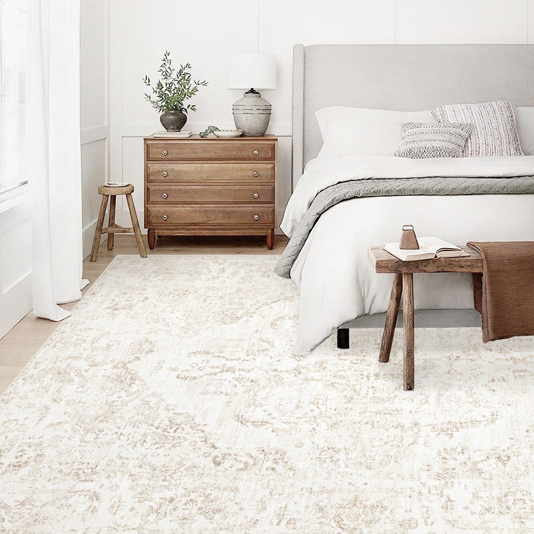 9x12 Area Rugs for Living Room:Washable Rug Vintage Large Rugs Soft Non Slip Low Pile Rug Floral Distressed Floor Carpet for Bedroom Dining Room Home Office (Beige,9'x12')
