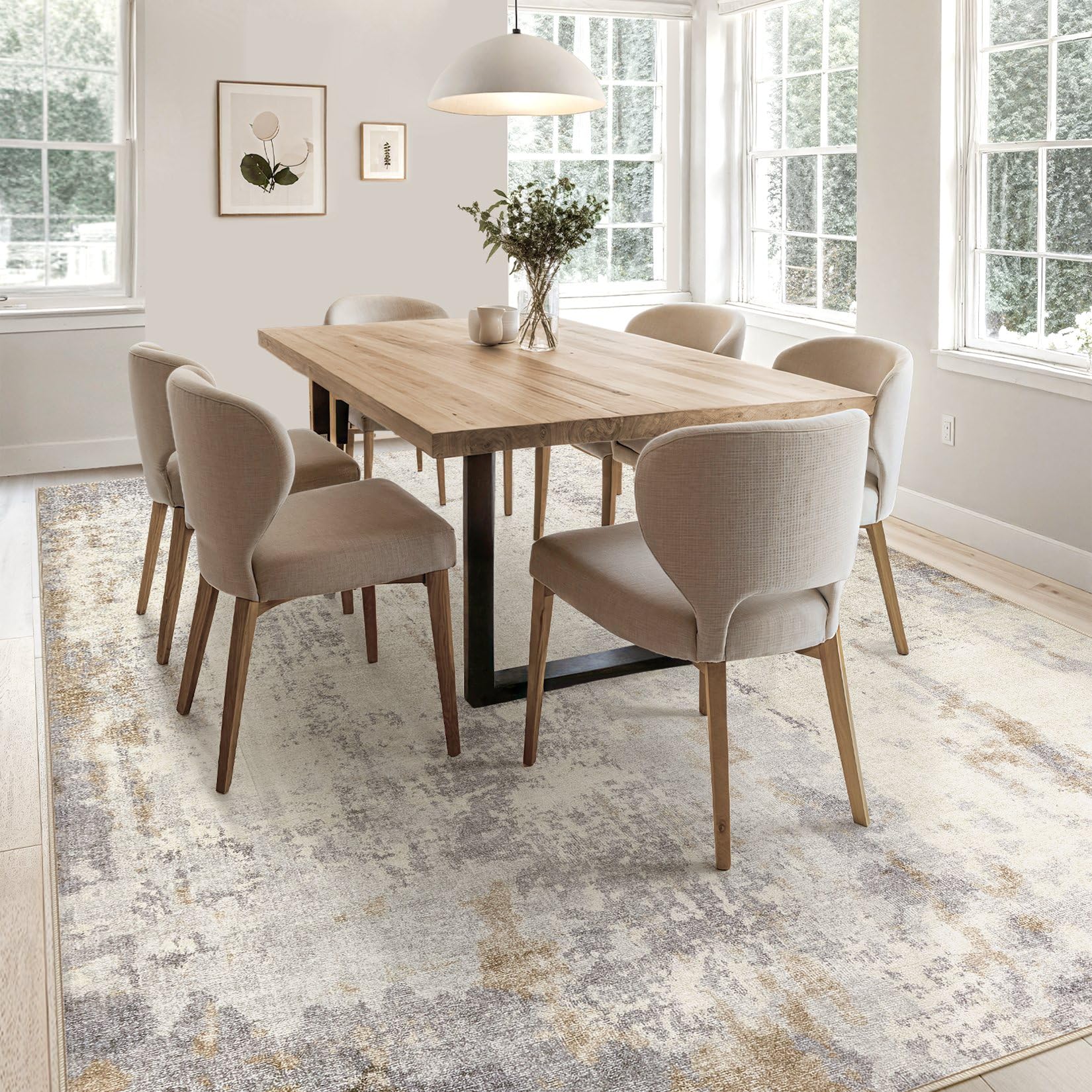 UERMEI 5x7 Area Rug Living Room Rugs - Washable Neutral Modern Abstract Soft Thin Rug Indoor Floor No Slip Rug Carpet for Bedroom Under Dining Table Home Office Decor - Light Brown/Gray