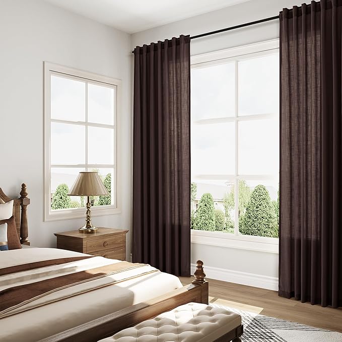 Coffee Brown Linen Curtains for Living Room 100 Inches Long Light Filtering Semi Sheer Curtain Back Tab Luxury Modern Rustic Home Decor Neutral Drapes for Bedroom Dinner Room 52x100, 2 Panels