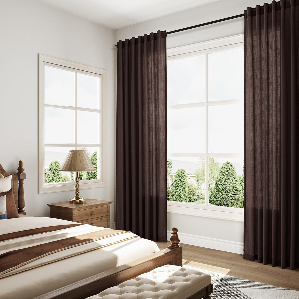 Coffee Brown Linen Curtains 63 Inches Long for Bedroom Back Tab Filters Light Protects Privacy Sheer Modern Farmhouse Coastal Decor Cotton Texture Gauze for Bathroom, 2 Panels