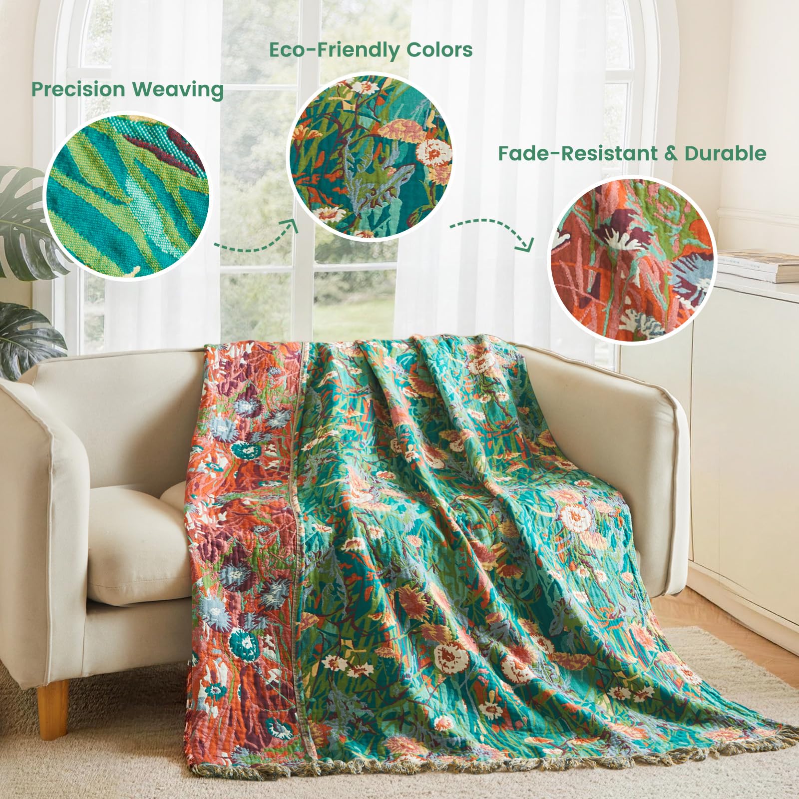 MSGKV Boho Throw Blanket 60"x80" 100% Cotton Floral Blanket for Couch Sofa