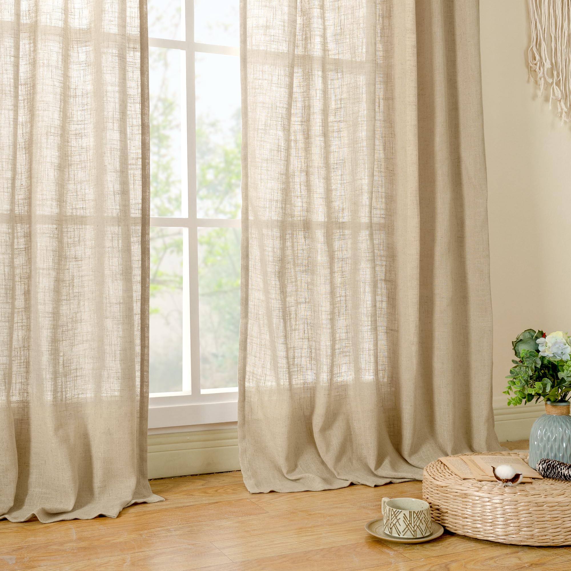 LAMIT 102 Inch Length Light Filtering Sheer Linen Curtains, 52 x 102 Inch