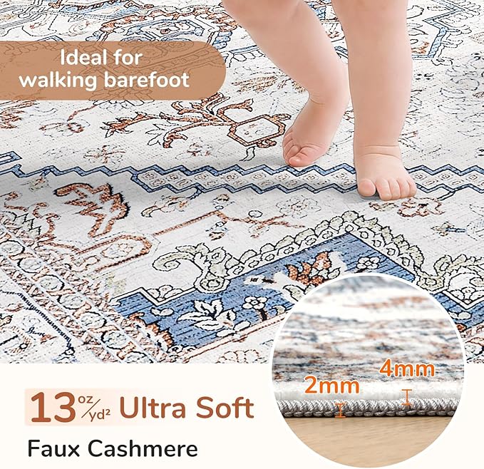 OPPODREAM Soft Area Rugs 5', Persian-Inspired Washable Rug, Cream White & Blue