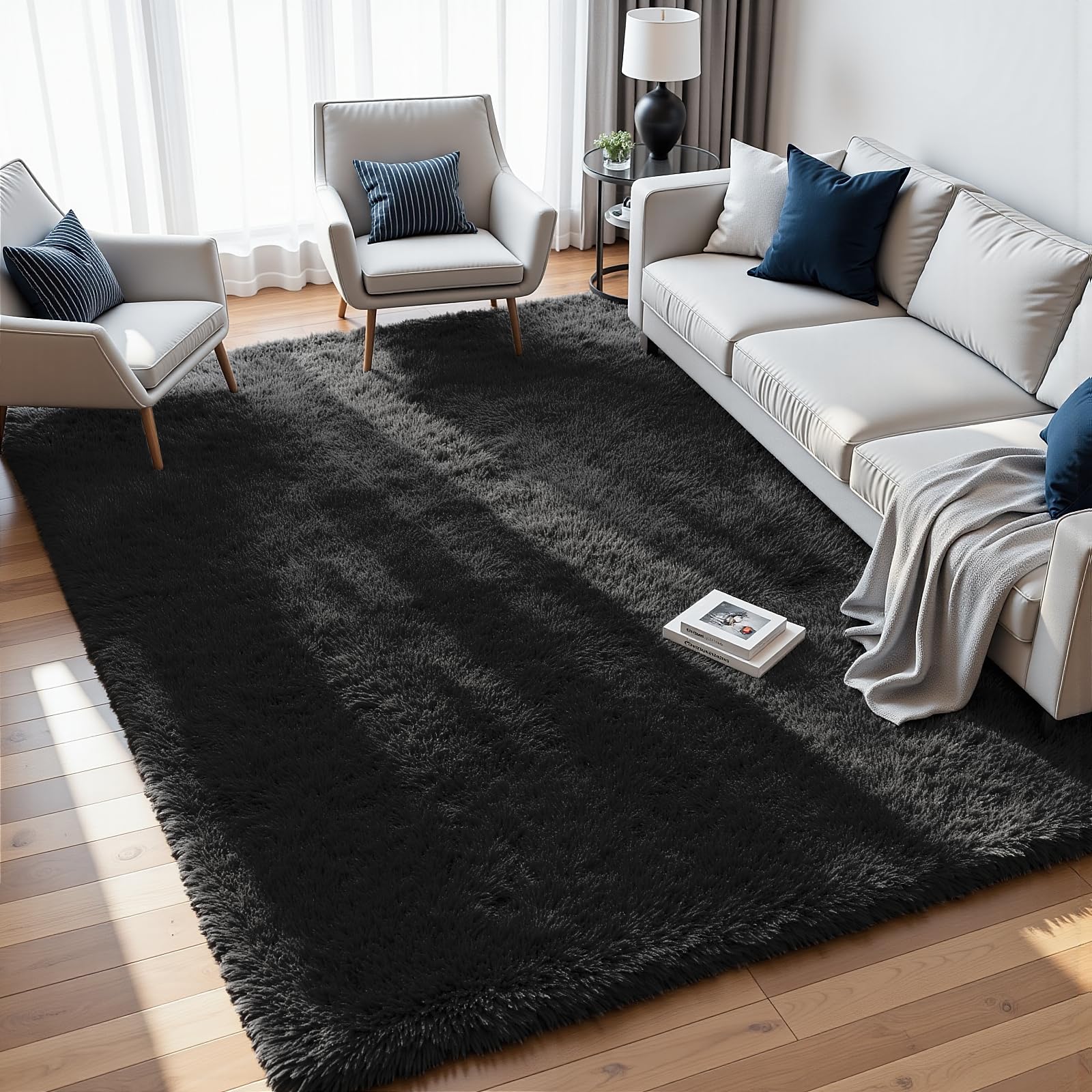 8x10 Fluffy Shag Area Rugs for Living Room Bedroom: Soft Plush Carpet Black