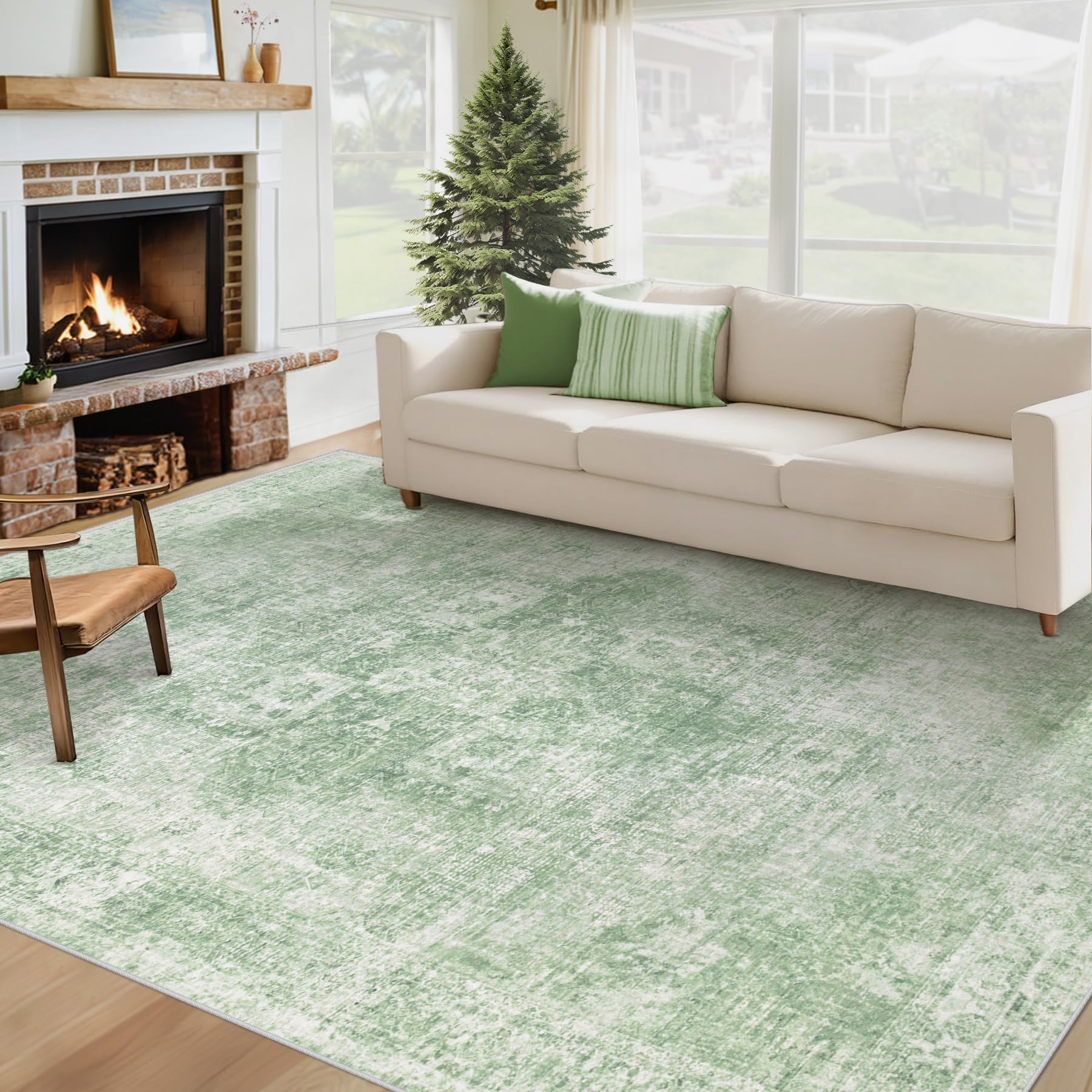 VECARF Area Rug 6x9 Washable Rug, Vintage Boho Medallion Rugs Non-Slip Soft Low Pile Large Distressed Rug Indoor Retro Carpet for Living Room Bedroom Dining Room Home Office (SageGreen, 6'x9')