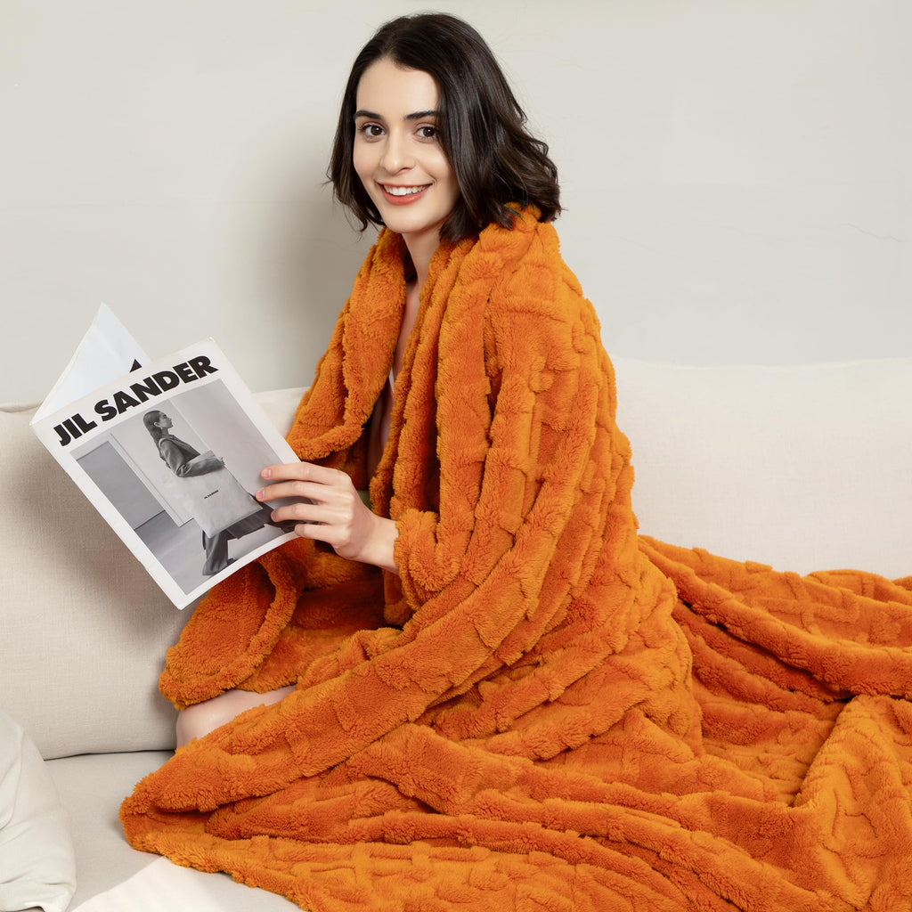 Aganear Fleece Throw Blanket for Bed Couch,Fall Boho Blanket,90"x90" Orange
