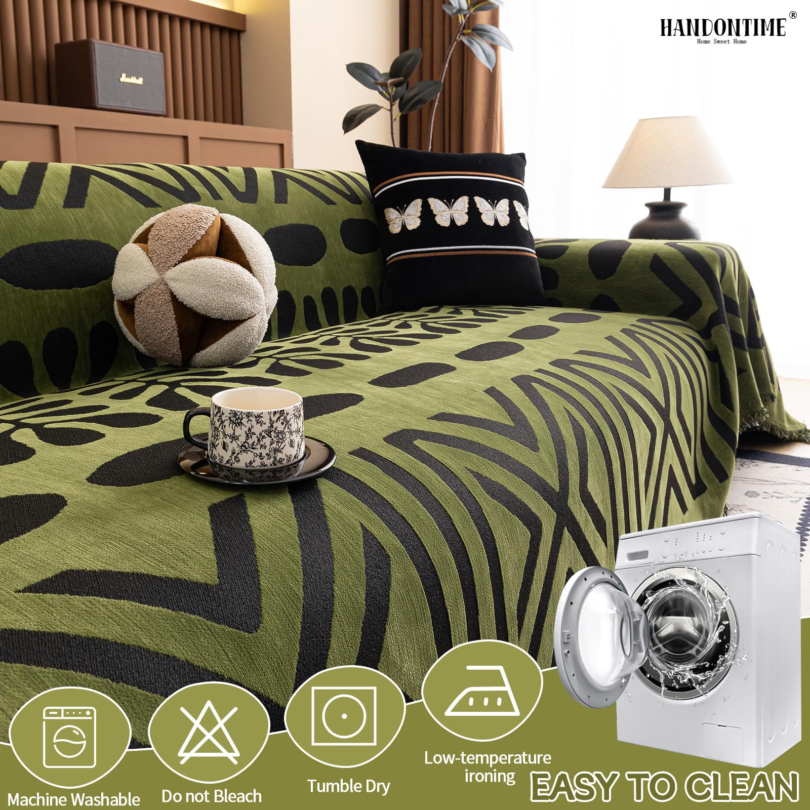 HANDONTIME Boho Couch Cover Geometric Striped Pet Covers for Couches and Sofas Olive Green and Black Dog Cover for Couch Pet Friendly Chenille Sectional Sofa Covers for Pets Washable, 71" X 150"