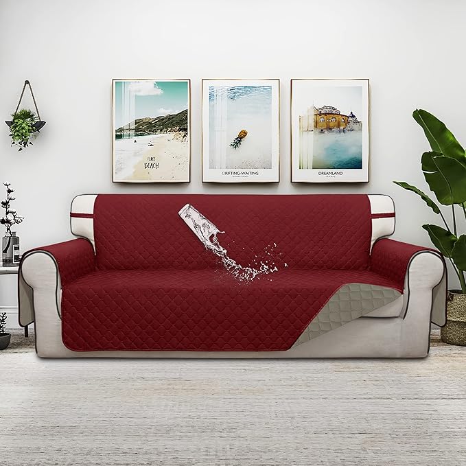 ISSUNTEX Double Protection 100% Waterproof Sofa Covers for Living Room, Couch Covers for 3 Cushion Couch Sofa, Reversible Furniture Protector Sofa Cover for Dogs, Pets (Sofa, Christmas Red/Beige)