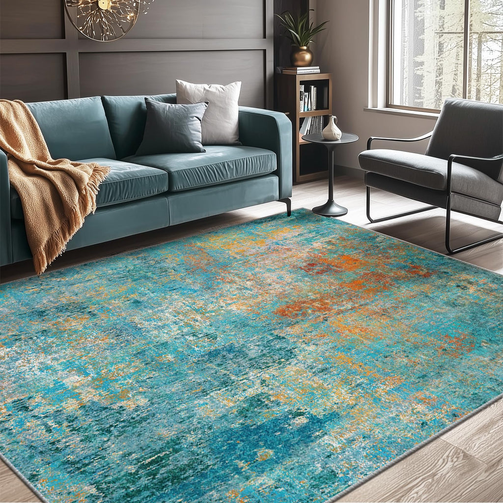 RELEANY Washable 6'x9' Abstract Area Rug for Living Room Teal Multi