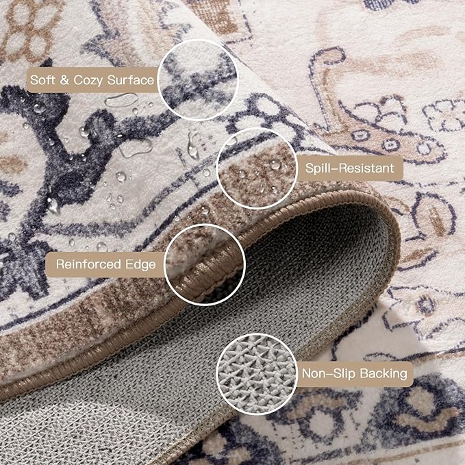 Lofus 3x5 Area Rugs for Living Room, Machine Washable Area Rug, Soft Small Rugs for Bedroom, Kitchen, Office and Indoor, Vintage Boho Carpet, Non-Slip Low Pile Carpets, Floral Brown