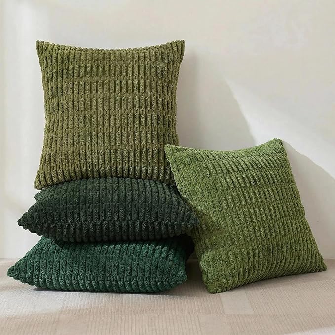 Fancy Homi Set of 4 Green Boho Winter Decorative Throw Pillow Covers 28x28 Inch for Couch Bed Sofa, Aesthetic Modern Bohemian Room Decor, Fuzzy Fluffy Cozy Corduroy Textured Cushion Case 71x71cm