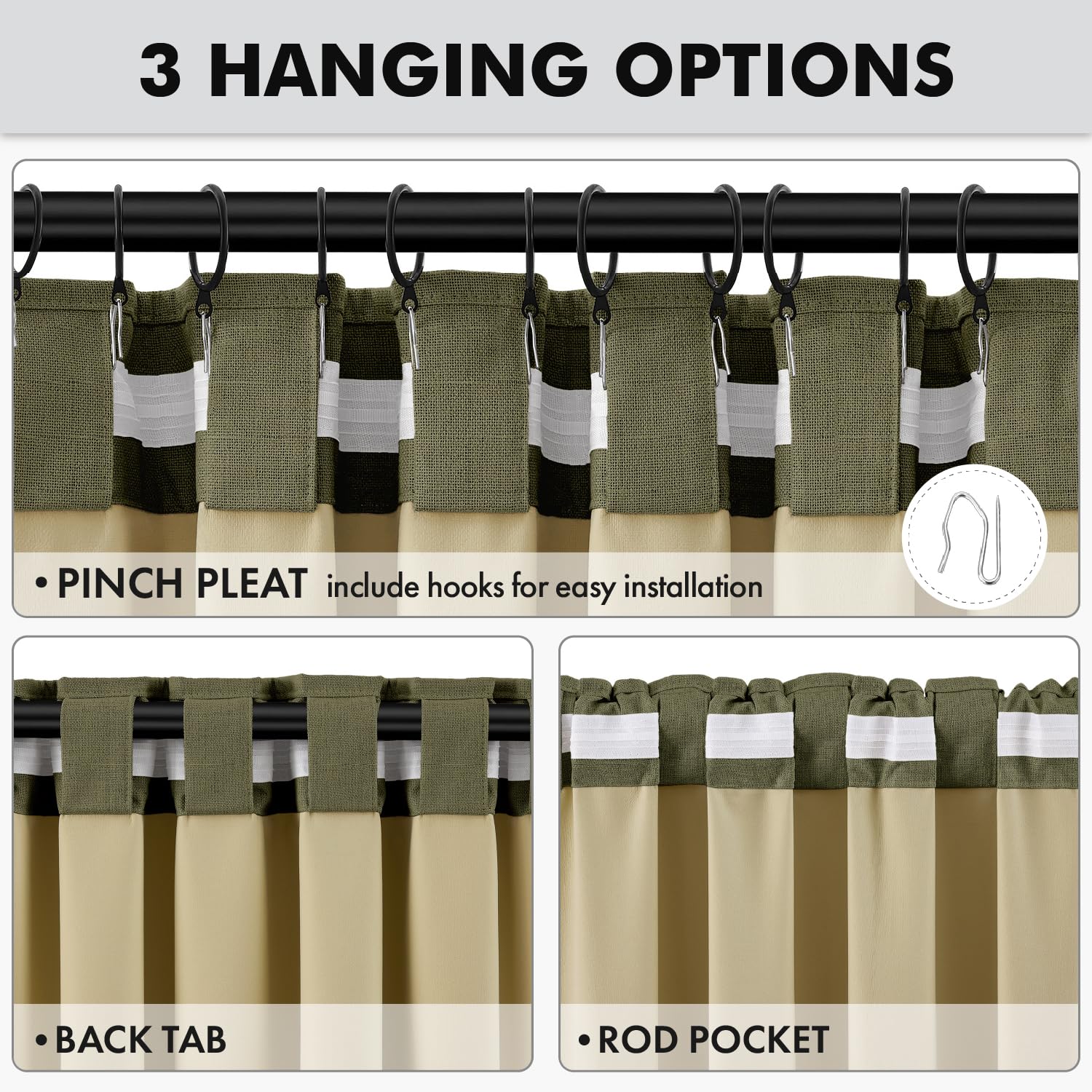 MIULEE 100% Blackout Linen Curtains 42 x 84 Inch Light Olive Green 2 Panels