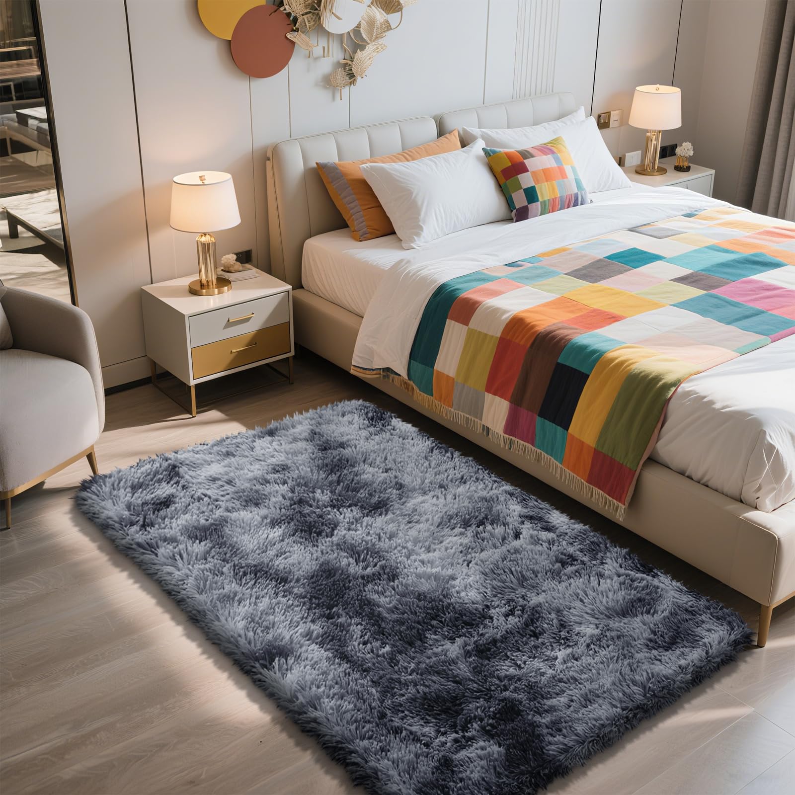 3x5 Area Rug for Bedroom, Tie-Dyed Black Fluffy Shag Rug Plush Carpet