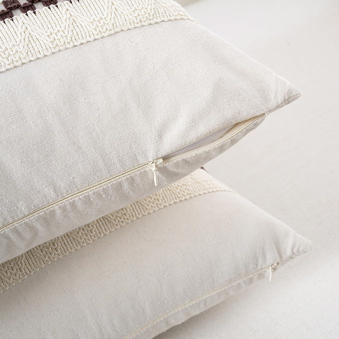Fancy Homi Set of 1 Boho Brown Decorative Throw Pillow Cover 22x22 Inch for Couch Bed Sofa, Aesthetic Modern Organic Farmhouse Home Decor, Soft Cotton Cute Accent Macrame Woven Cushion Case