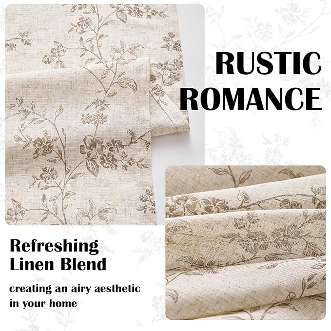 Lazzzy Taupe Vintage Floral Linen Curtains Farmhouse 50W X 84L 2 Panels