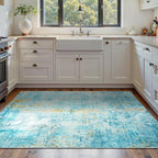 Area Rug 4x6 Teal Blue Rug Washable Boho Rugs Non Slip Low Pile Abstract Small Carpet for Entryway, Bedroom, Kitchen, Classroom, Kids Room, Office, Dorm, Dining Room