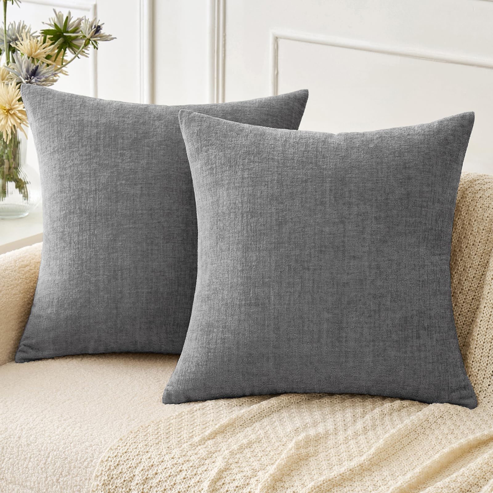 MIULEE Soft Chenille Throw Pillow Covers Dark Gray 18x18 Inch Pack of 2
