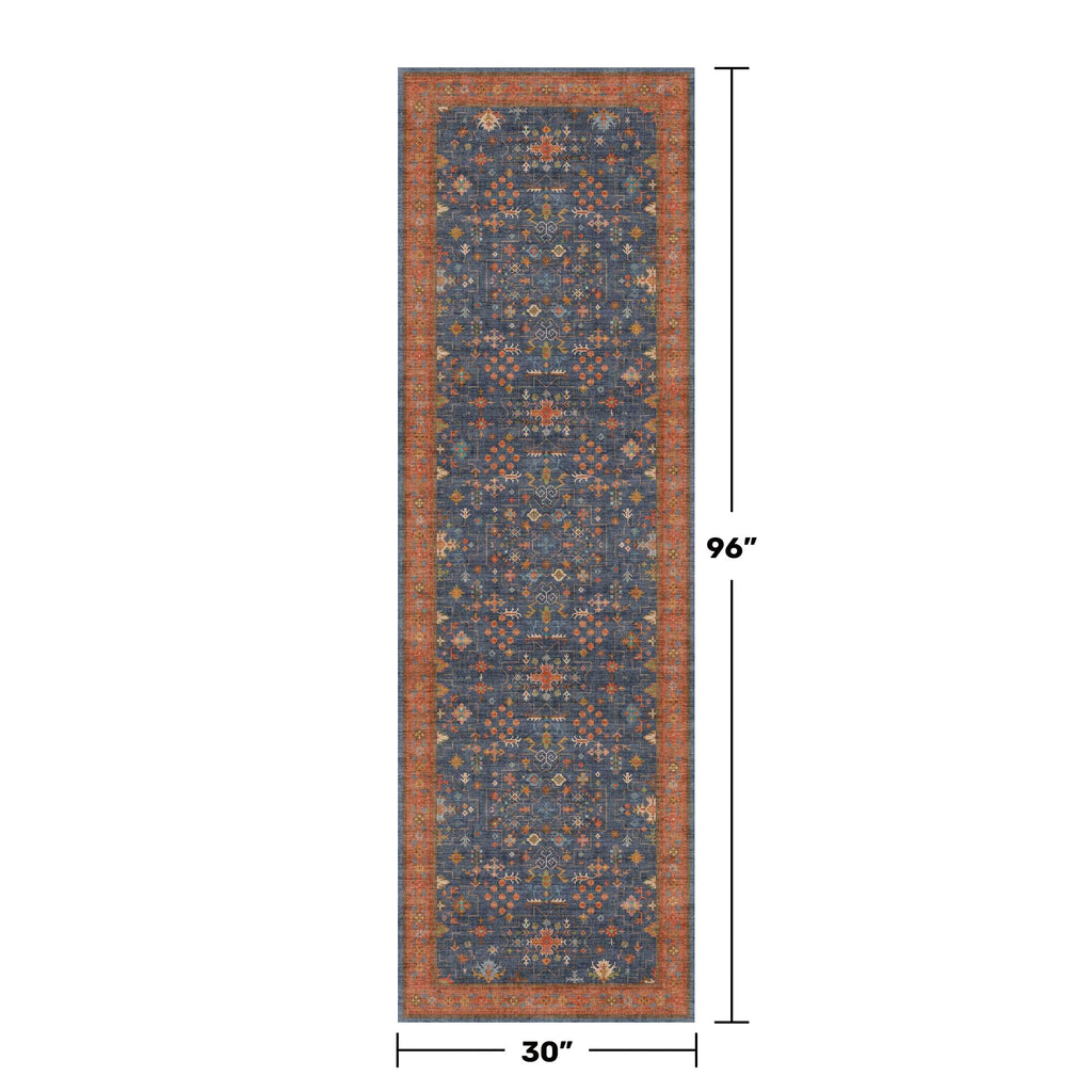 Washable 8 ft Long Runner for Kitchen Floor - Navy Blue Hallway Runner Rug, Pet Friendly Waterproof Non Slip with Rubber Backing, Stain Resistant Laundry Room Rug (2'6"x8' Navy Blue & Terracotta)