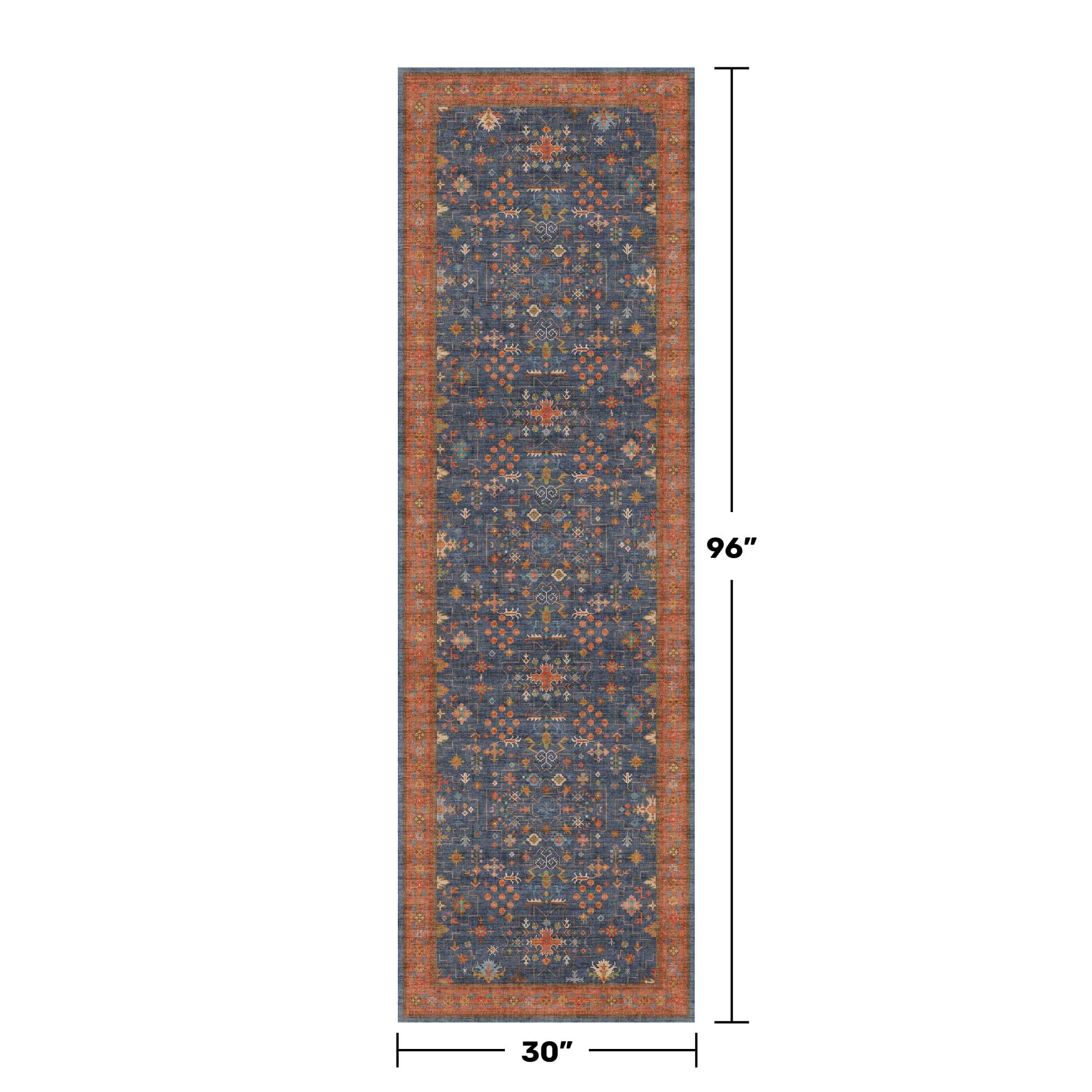 Washable 8 ft Long Runner for Kitchen Floor - Navy Blue Hallway Runner Rug, Pet Friendly Waterproof Non Slip with Rubber Backing, Stain Resistant Laundry Room Rug (2'6"x8' Navy Blue & Terracotta)
