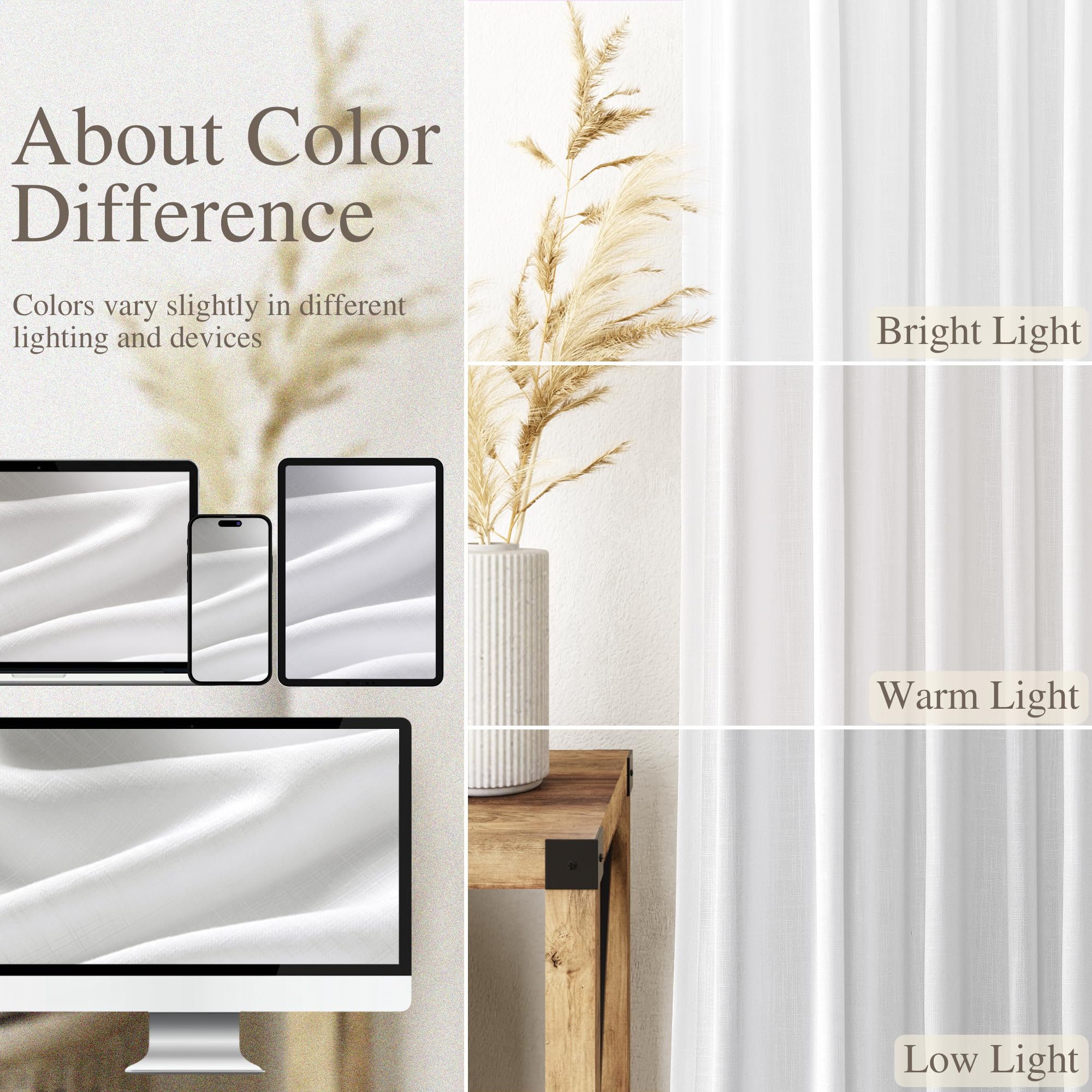 Nanspring White Linen Curtains for Living Room 2 Panels Set Neutral Modern Farmhouse Window Curtain for Bedroom 66 Inch Length Semi Sheer Light Filtering Privacy Back Tab Rod Pocket Drapes 52x66