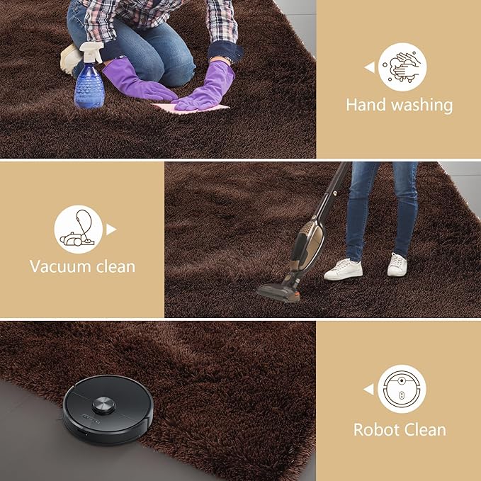 Shag Area Rugs for Bedroom Living Room,8X10 Ultra Soft Fluffy Area Rugs for Dorm, Indoor Carpet Nursery Rugs for Kids Girls Room Home Decor,Brown