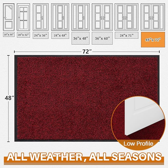 Mibao Super Absorbent Front Door Mat, 72" x 48", Non-Slip Washable Indoor Doormats, Low Profile Entryway Rug Outdoor, Dirt Resistant Welcome Mats for Front and Back Door Entrance, Red