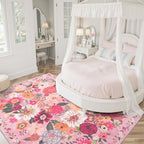 Pink Floral Girls Room Rug 4x6, Non-Slip Washable Rugs for Bedroom Living Room Nursery Kitchen Dining Room Indoor, Ultra-Thin Soft Stain Resistant Girls Room Decor(4 x 6, Pink Garden)