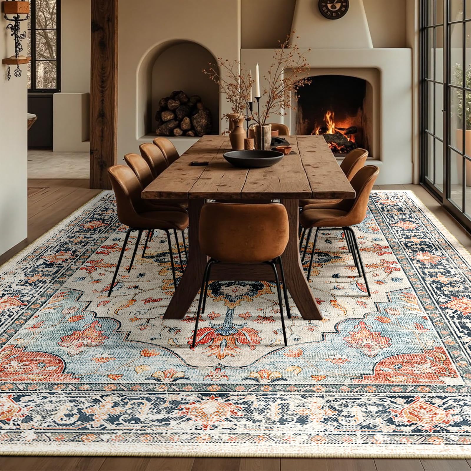 RELEANY Washable Area Rug, Large 10'x12', Beige/Blue/Orange