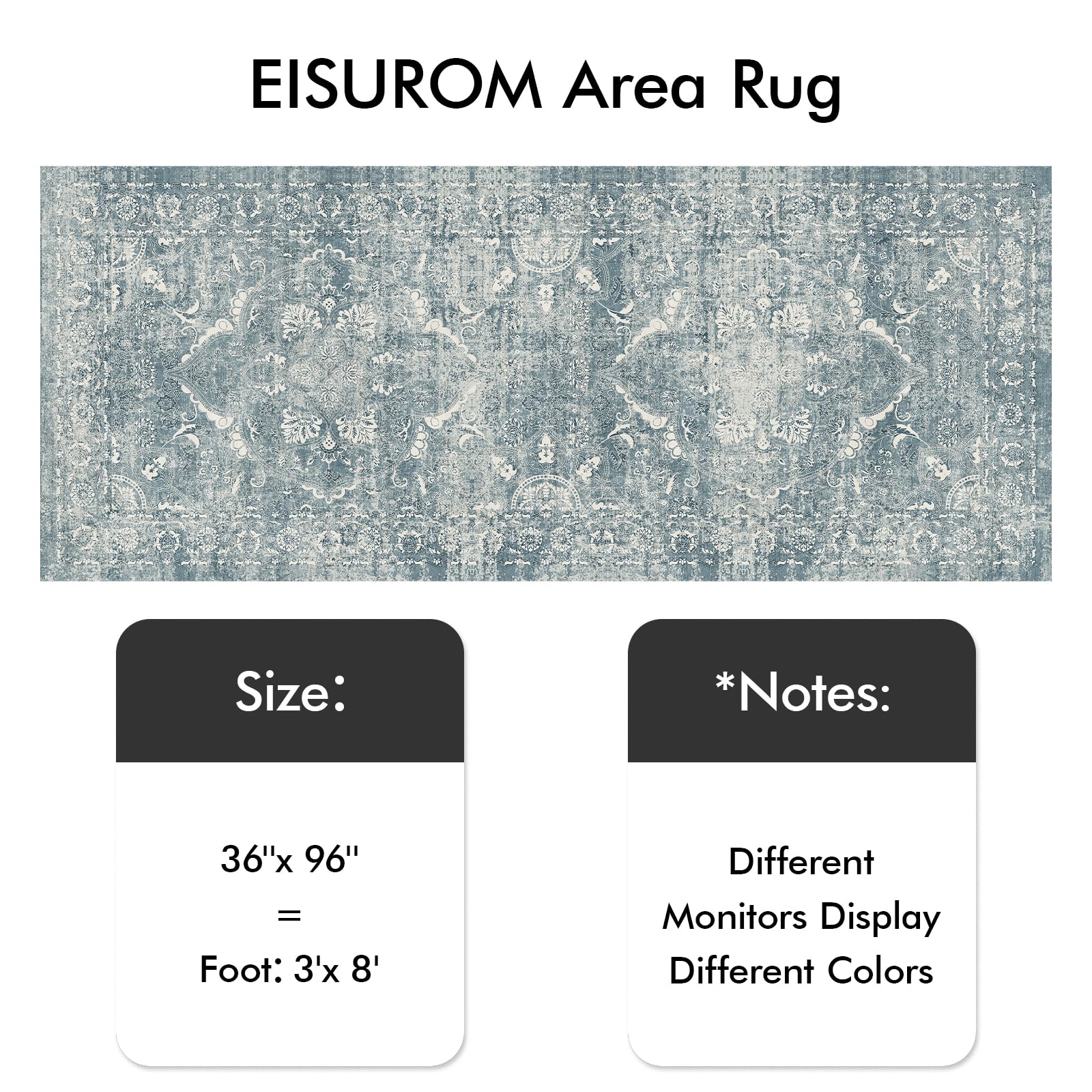 EISUROM 3x8 Washable Runner Rug: Vintage Medallion Kitchen Soft Rugs Blue