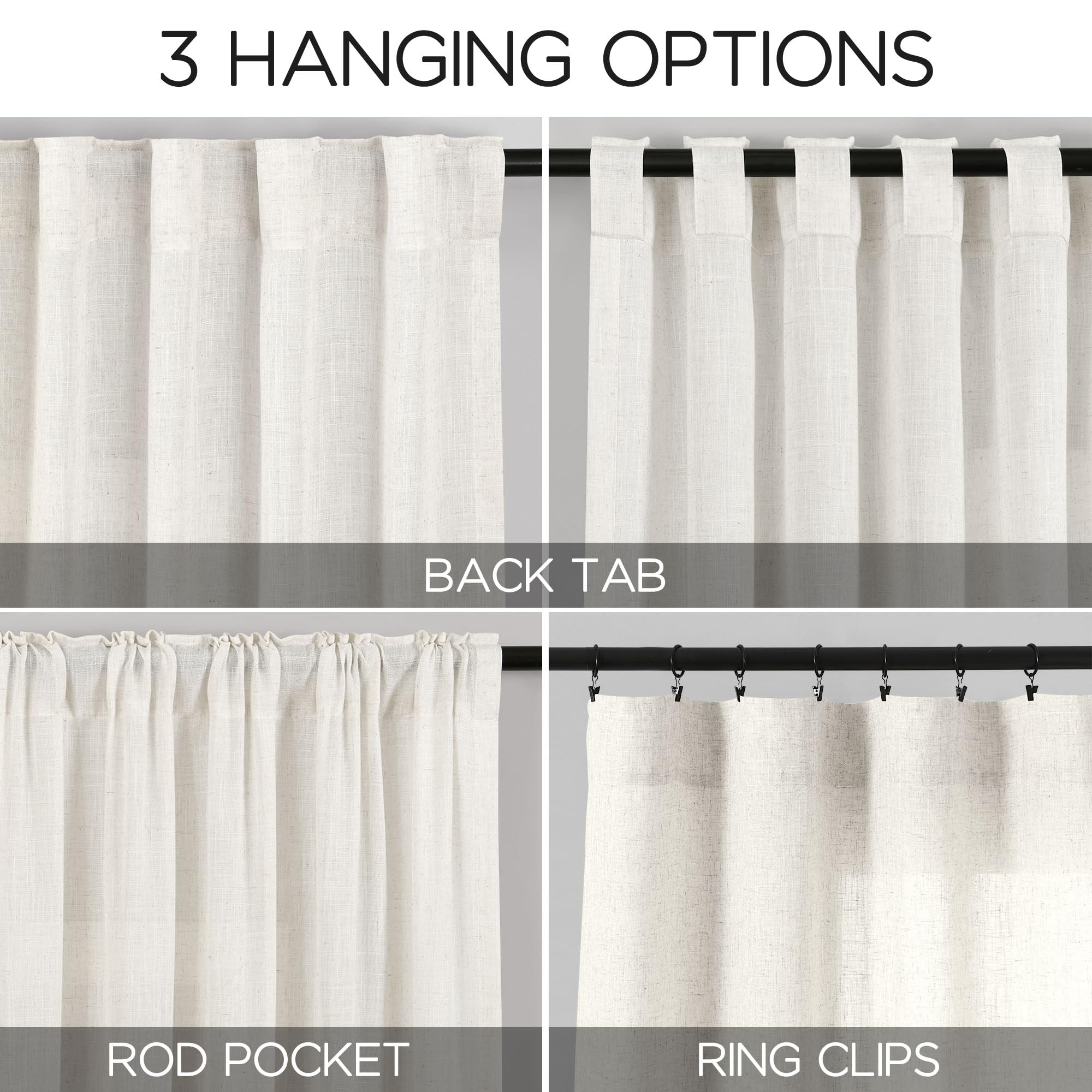 Beige White Linen Curtains 108 Inches Long for Living Room Bedroom 2 Panels Set Extra Long Back Tab Curtain Light Filtering Semi Sheer Drapes Floor to Ceiling Curtains for Large Windows 52x108