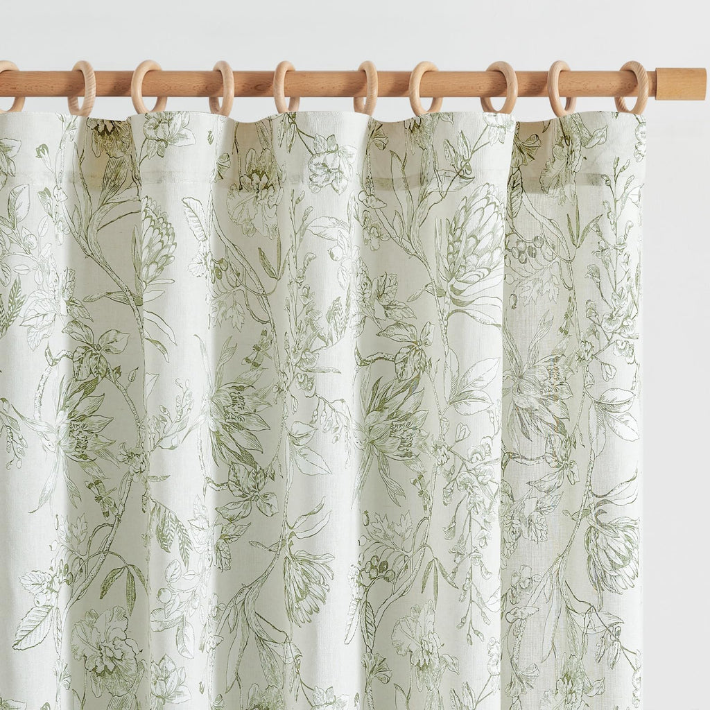 jinchan Green Floral Linen Curtains 84 Inch Farmhouse Rod Pocket 2 Panels
