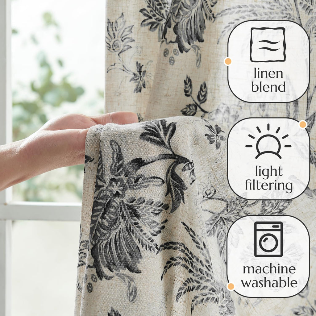 jinchan Linen Floral Curtains for Living Room with Printed Flower 84 Inches Long Light Filtering French Country Back Tab Rod Pocket Black Window Curtain Set Farmhouse Drapes 2 Panels Black