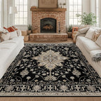 Area Rugs Square 8ft Washable Non-Slip, Floral Vintage Distress Print Pattern Medallion Carpet for Living Room Bedroom Dining Room, Black Brown Neutral Dark Tan
